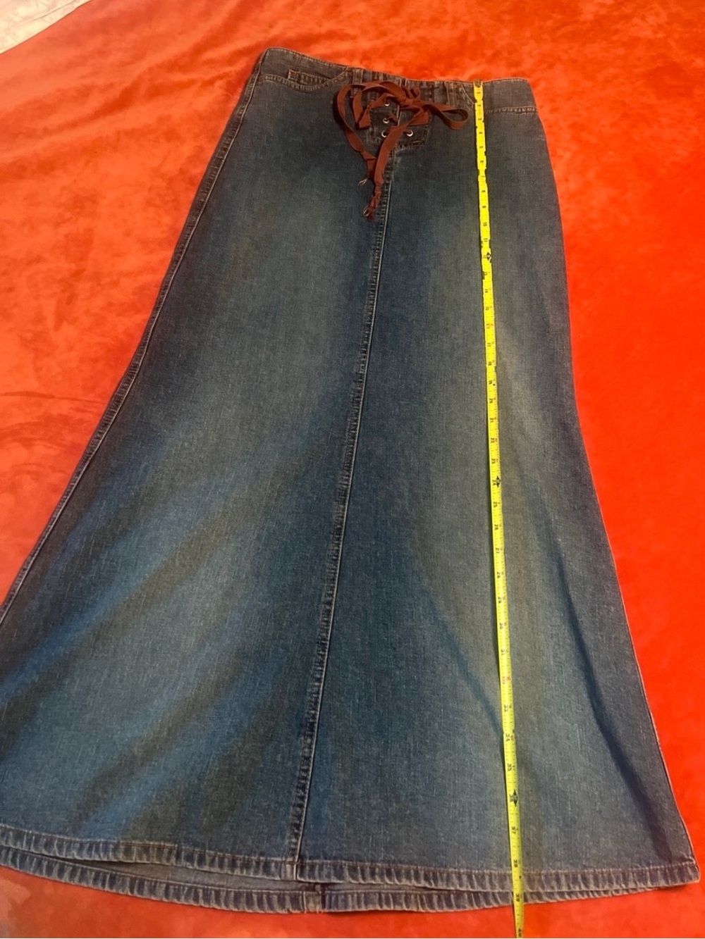 Vintage Y2K Lace-Up Denim Maxi Skirt Size 6 Boho Western A-Line